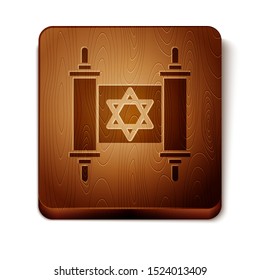 Brown Torah scroll icon isolated on white background. Jewish Torah in expanded form. Star of David symbol. Old parchment scroll. Wooden square button. Vector Illustration