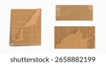 Brown torn cardboard sheets with ripped edges and corrugated texture - recycled paper pieces of damaged packaging material. Realistic kraft envelope fragments for shipping or eco friendly designs.
