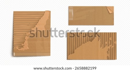 Brown torn cardboard sheets with ripped edges and corrugated texture - recycled paper pieces of damaged packaging material. Realistic kraft envelope fragments for shipping or eco friendly designs.