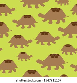 Brown tortoise big and small walking on green background seamless pattern