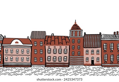 Brown town. Seamless border with houses. Old town background. Brown houses in the picture. Vector illustration