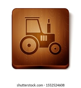 Brown Tractor icon isolated on white background. Wooden square button. Vector Illustration