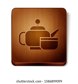 Brown Traditional Japanese tea ceremony icon isolated on white background. Teapot with cup. Wooden square button. Vector Illustration