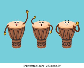 Brown traditional musical drum set character mascot vector illustration collection isolated on blue green background. Cartoon comic vector art with simple and flat art style.