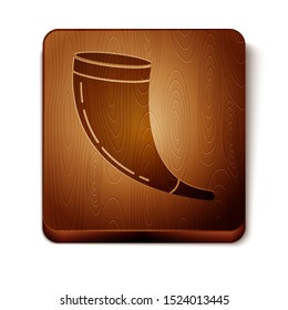 Brown Traditional ram horn, shofar icon isolated on white background. Rosh hashanah, jewish New Year holiday traditional symbol. Wooden square button. Vector Illustration