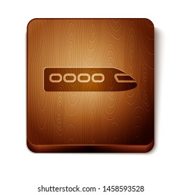 Brown Train icon isolated on white background. Public transportation symbol. Subway train transport. Metro underground. Wooden square button. Vector Illustration