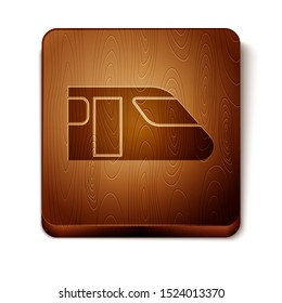 Brown Train icon isolated on white background. Public transportation symbol. Subway train transport. Metro underground. Wooden square button. Vector Illustration