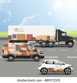 Brown transport advertising design with square elements. Templates of the truck, bus and passenger car. Corporate identity