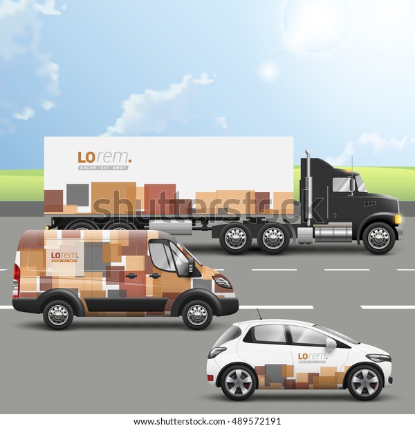 Brown\
transport advertising design with square elements. Templates of the\
truck, bus and passenger car. Corporate\
identity
