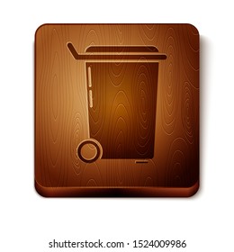 Brown Trash can icon isolated on white background. Garbage bin sign. Recycle basket icon. Office trash icon. Wooden square button. Vector Illustration