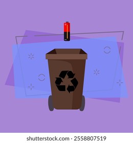 Brown trashcan and battery. Refuse container with recycling sign and wheels. Garbage concept. Vector illustration can be used for topics like waste sorting, environment, garbage