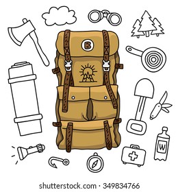Brown travel bag on a white background surrounded by tourist icons. Vector illustration drawn by hand.