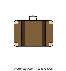 Brown Travel Suitcase In Cartoon Style On White Background.