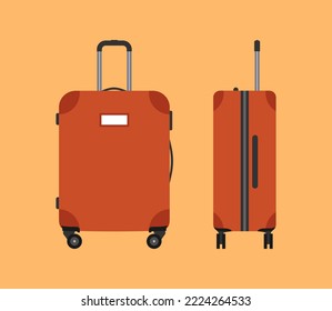 Brown travel suitcase on orange background, front and side view. Flat vector illustration