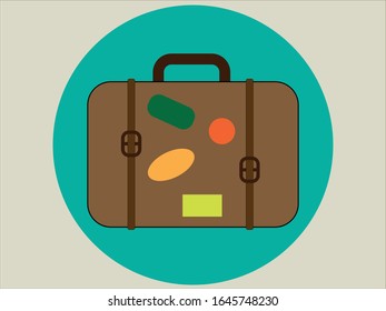 Brown travel suitcase with stickers. Vector icon. Tourism, baggage or luggage concept. 