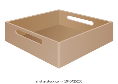 Brown tray box with grab handles. Vector 3d illustration isolated on white background