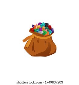El saco del tesoro marrón lleno de gemas - bolsa de dibujos animados con piedras preciosas y diamantes. Objeto aislado sobre fondo blanco - ilustración vectorial plana.