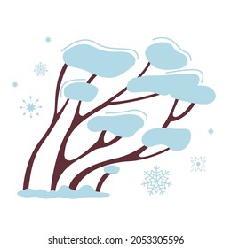 Árbol o arbusto marrón en la nieve. Crece en invierno, el viento sopla y dobla las ramas, alrededor de los copos de nieve. Decoración para el diseño de invierno de Año Nuevo. Ilustración vectorial simple aislada en