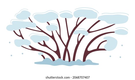 Brown tree or bush in the snow. It grows in winter, the wind blows and bends the branches. Decor for New Year winter design. Simple vector illustration in flat style isolated on white background