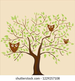 A brown tree with green leaves and three owls sitting on the branches of a tree. Cute illustration on a light yellow square background.