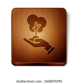 Brown Tree in hand of environmental protection icon isolated on white background. Seed and seedling. Planting sapling. Ecology concept. Wooden square button. Vector Illustration