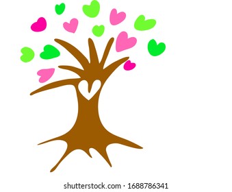Brown tree with the leaves in the shape of a heart isolated on white background. Pink and green hearts. Illustration.