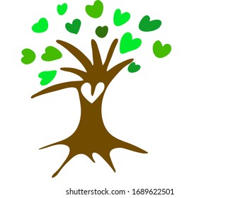 Brown tree with the leaves in the shape of a heart isolated on white background. Green hearts. Vector Illustration.