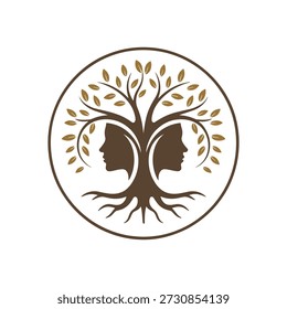 Logotipo de árbol marrón con dos caras humanas en perfil y hojas doradas