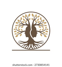 Logotipo de árbol marrón con dos caras humanas en perfil y hojas doradas