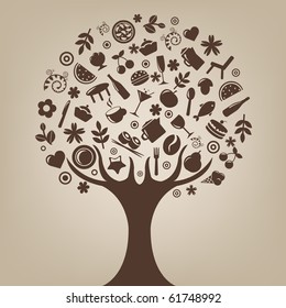 Brown Tree Made Of Products And Subjects Of Restaurant Icons, Vector Illustration