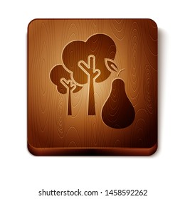 Brown Tree with pears icon isolated on white background. Agricultural plant. Organic farm product. Gardening theme. Wooden square button. Vector Illustration