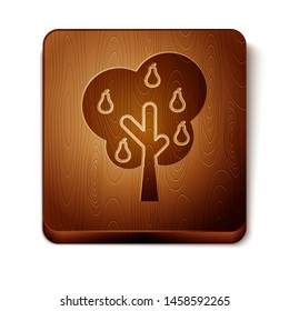 Brown Tree with pears icon isolated on white background. Agricultural plant. Organic farm product. Gardening theme. Wooden square button. Vector Illustration