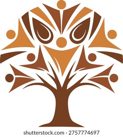 Brown tree with people and circles abstract graphic design element