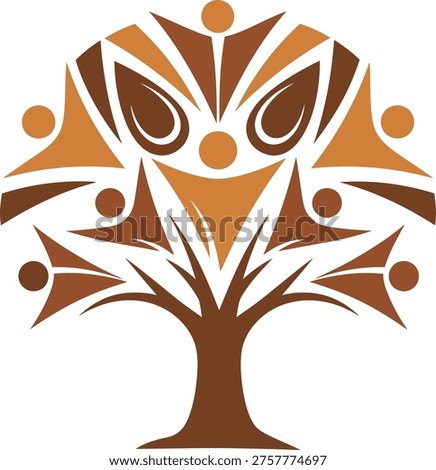 Brown tree with people and circles abstract graphic design element