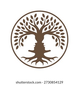 Silhueta de árvore marrom com perfil de rosto humano em logotipo circular