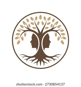 Brauner Baum mit zwei menschlichen Gesichtern im Profil innerhalb eines Kreises