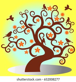 Brown Tree without leaves silhouette with bird-illustration