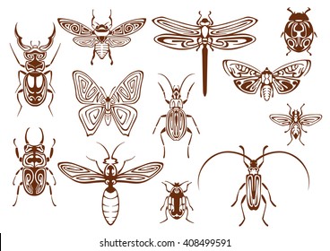 Brown tribal butterfly, bee, moth, dragonfly, wasp, ladybug, scarab and stag beetles, bumblebee, firefly and shield bugs. Decorative insects, adorned by ethnic ornaments