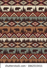 brown tribal vector seamless pattern with bear and 
fir-tree. abstract geometric art ornament
print. Ethnic vector background. Wallpaper, cloth design, fabric, tissue, cotton, cover, textile template