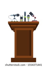 Brown tribune with microphones flat vector illustration. Wooden rostrum with different mics isolated on white background. Public speech, interview, lecture. Press conference stage, journalism