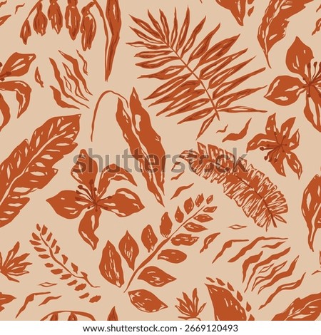 Brown tropical boho seamless pattern. Summer botanical dry palm leaves, flowers, foliage texture. Ethnic print, wallpaper, repeat background, hand drawn textile design, natural hippie ornament. Vector