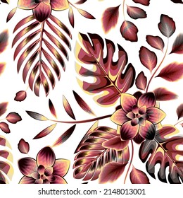 brown tropical seamless pattern with abstract flowers on white background. Hand drawn summer floral background. Contour drawing. Fashion design for textile and fabric, wrapping, any surface.
