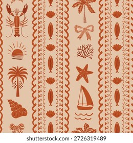 Patrón sin fisuras a rayas tropicales marrones con langosta, palmera, velero, arcos. Fondo de repetición de vacaciones de verano boho. Vector dibujado a mano Fondo de pantalla náutico, impresión, diseño textil, papel de abrigo, tela