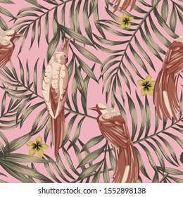 Brown Tropical Vector Exotic Leaves, Flowers and Birds Seamless Pattern in Abstract Style. Beach Wallpaper in Pink Background. Trendy Illustration Foliage and Animals. Repeat Artistic Fabric Backdrop.
