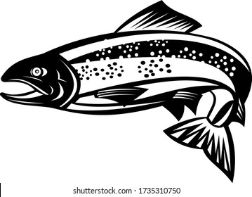 Brown Trout Fish Jumping Woodcut Retro Black and White