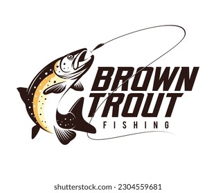 Brown Trout Logo. Unique, Bold, and Eyecatching Brown trout jumping out of the water. Suitable for any Brown Trout Fishing events. Print on Tshirt etc