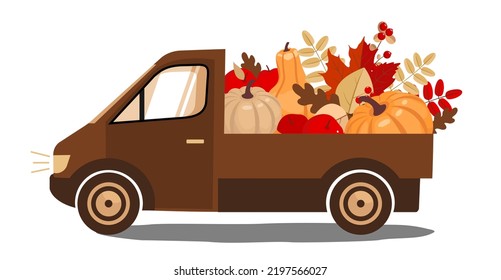 A brown truck is transporting an autumn harvest of pumpkins. Vector clipart.