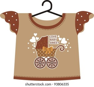 Brown T-shirt for a young child. Front depicts an old pram