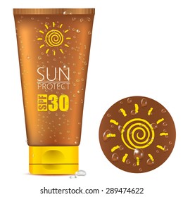 Brown Tube with Realistic Water Droplets.Cosmetic Packaging for Sun Protect Cream and Other Product. Isolated on a white background. Vector illustration.  Plastic Pack Template Ready For Your Design.