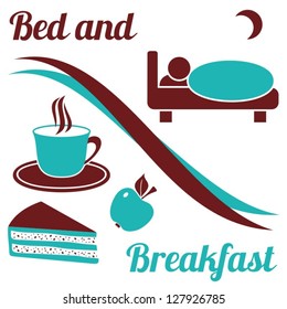 Brown and turquoise bed and breakfast with text on white background